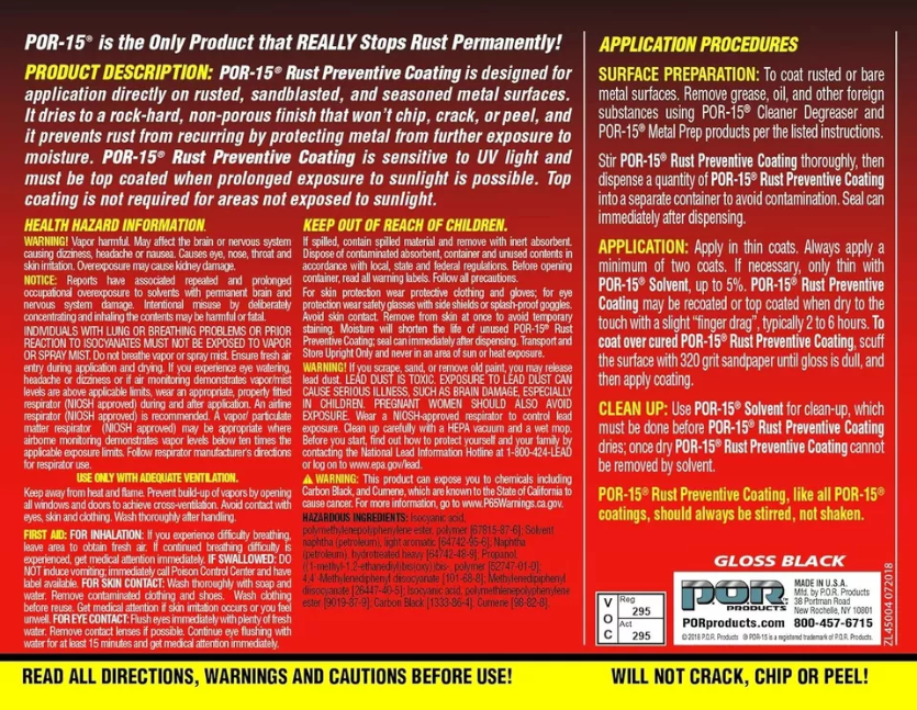POR-15 (GLOSS BLACK) Rust Preventive Paint Pint #45008 16oz