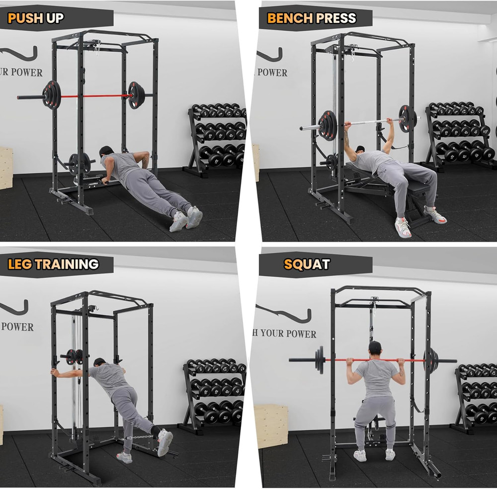 Power Cage, Multi-Function Squat Rack with LAT Pulldown, 1600 LBS Weight Capacit