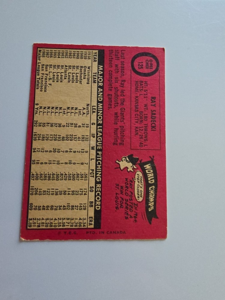1969 OPC RAY SADECKI # 125 GIANTS
