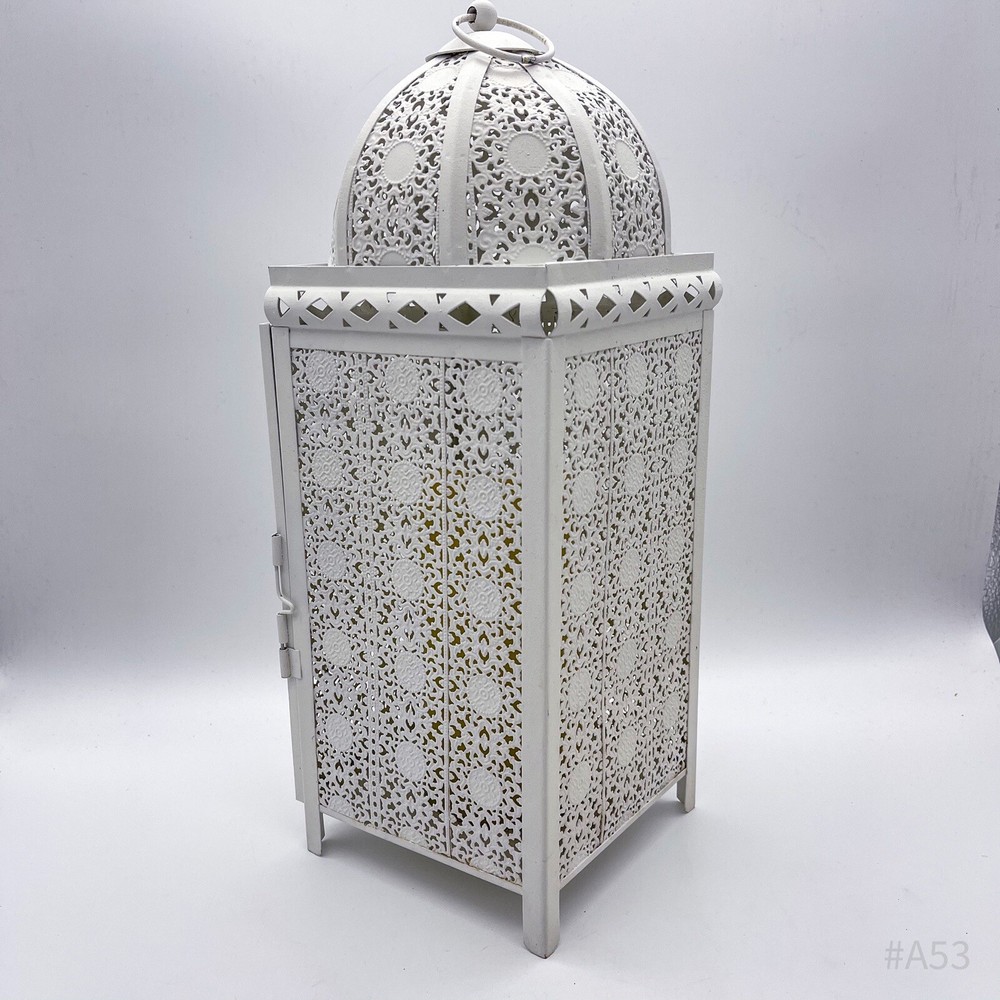 Oriental Lantern Windlight With Pattern & LED Block Candle, White, 37 cm