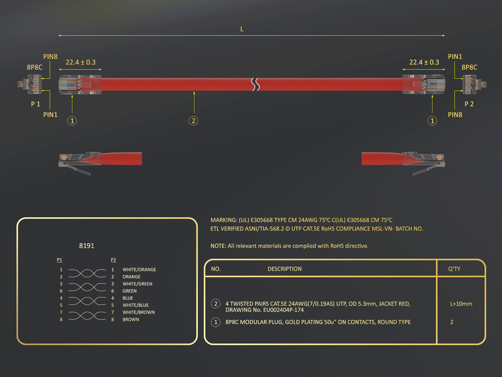 7ft Cat5e UTP Non-Booted Ethernet Network Patch Cable 24AWG Bare Copper, Red