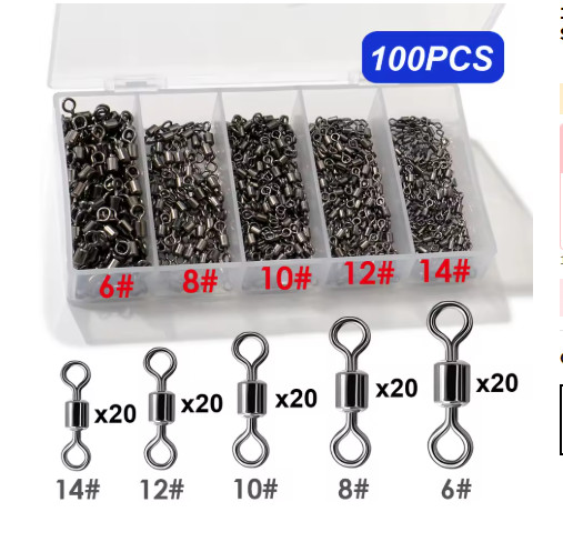 100pc Stainless Steel Fishing Swivels Set Saltwater Freshwater Tackle Box Tool