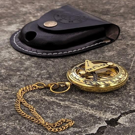 Brass Sundial Compass with Leather Case and Chain, Push Open Compass