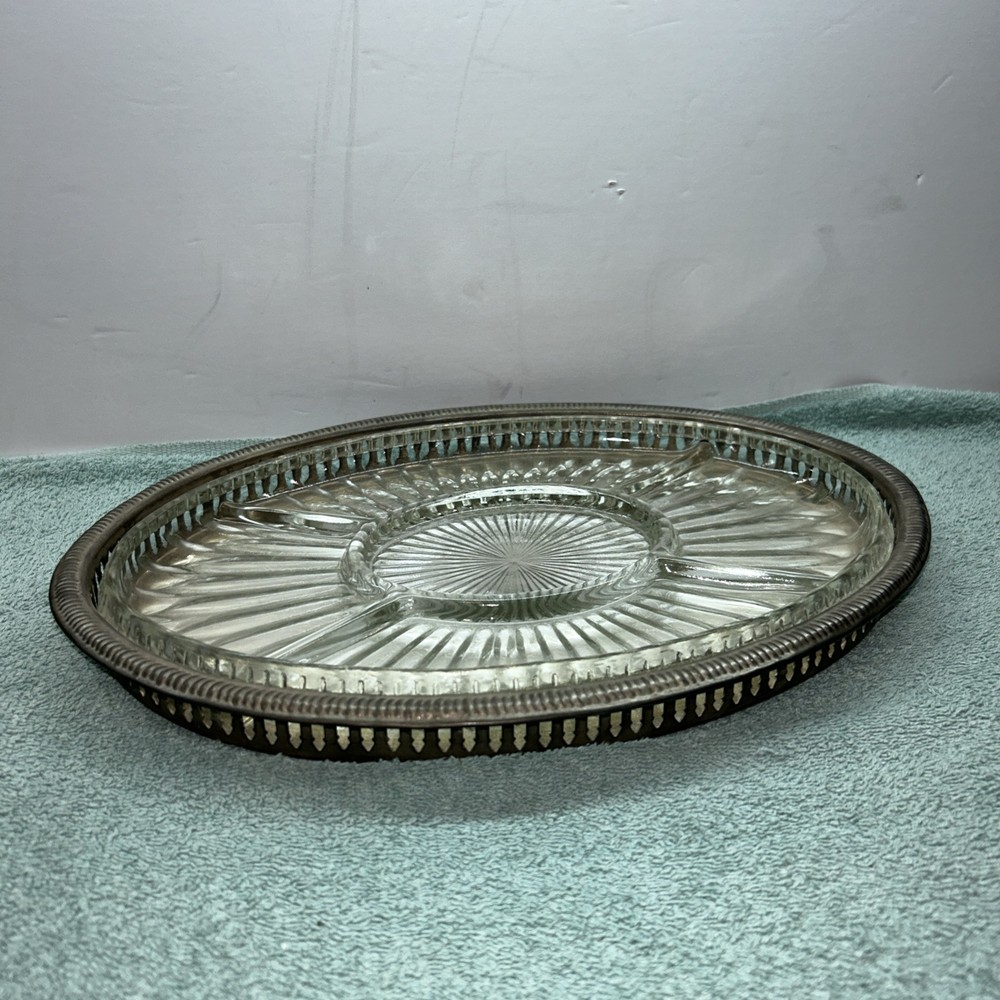 Vintage Silverplate Serving Tray 5 Section Crystal Insert