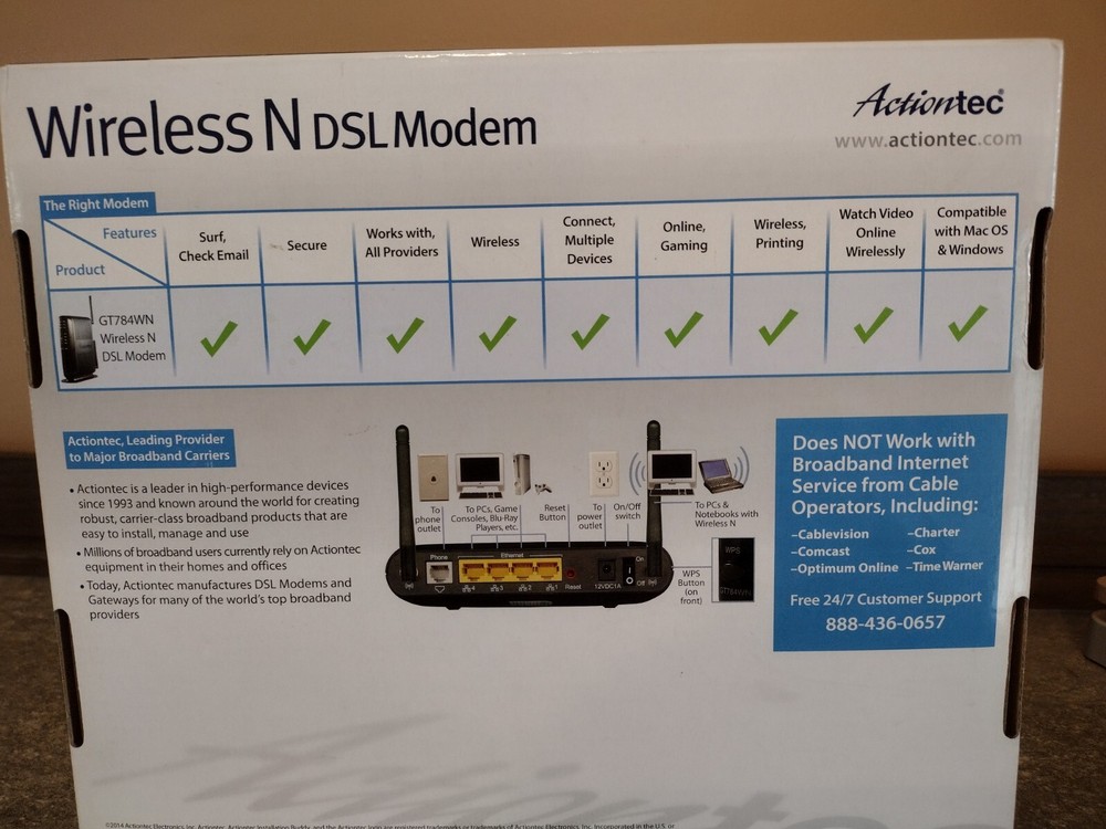 Actiontec GT784WN Wireless-N DSL Modem Router EUC Black Internet WiFi Tested