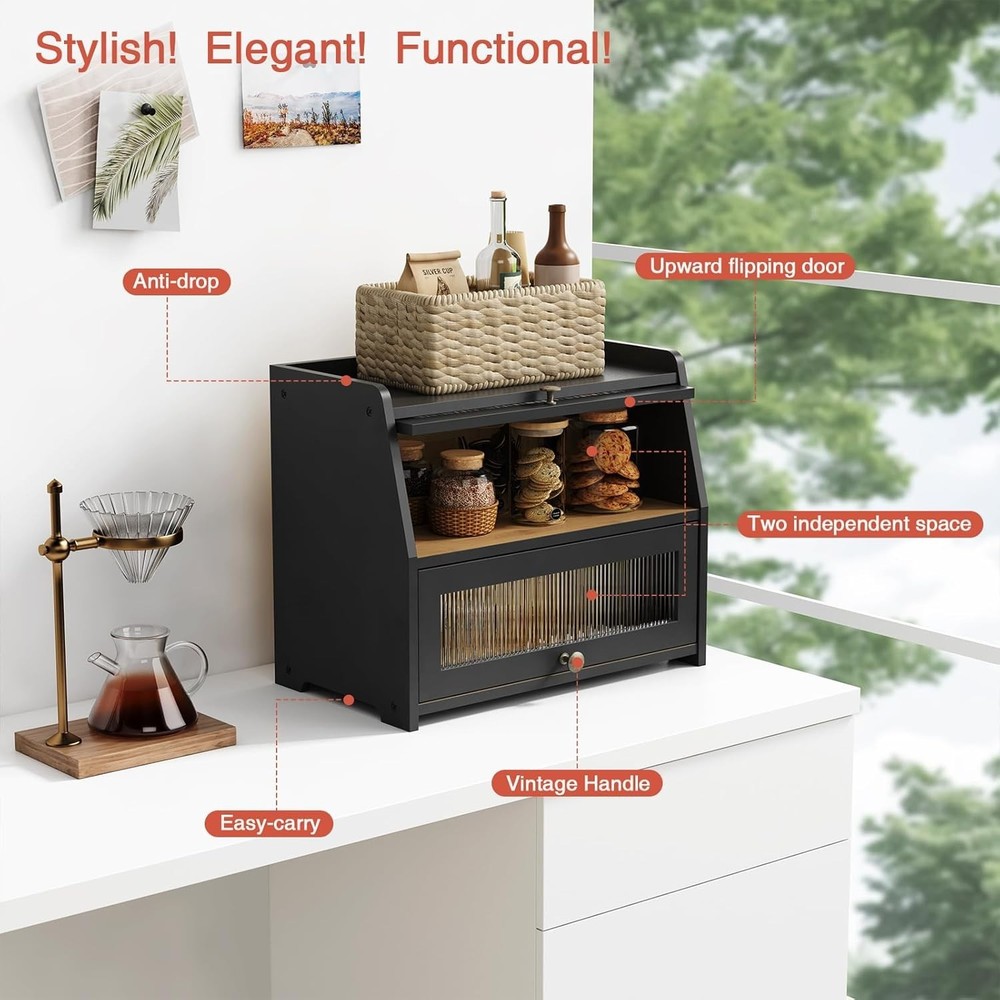 Large Bread Box for Kitchen Countertop, Black Bread Storage Container for ....