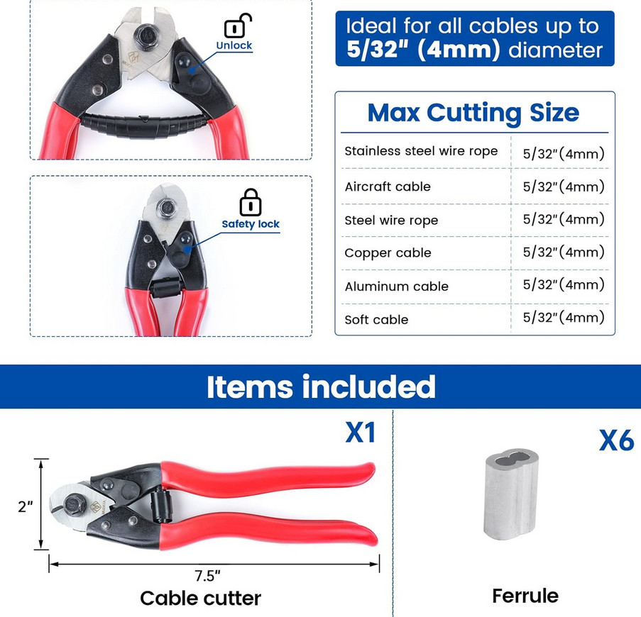 Muzata Cable Cutters Wire Cutters Heavy Duty Stainless Steel Wire Rope Seal New