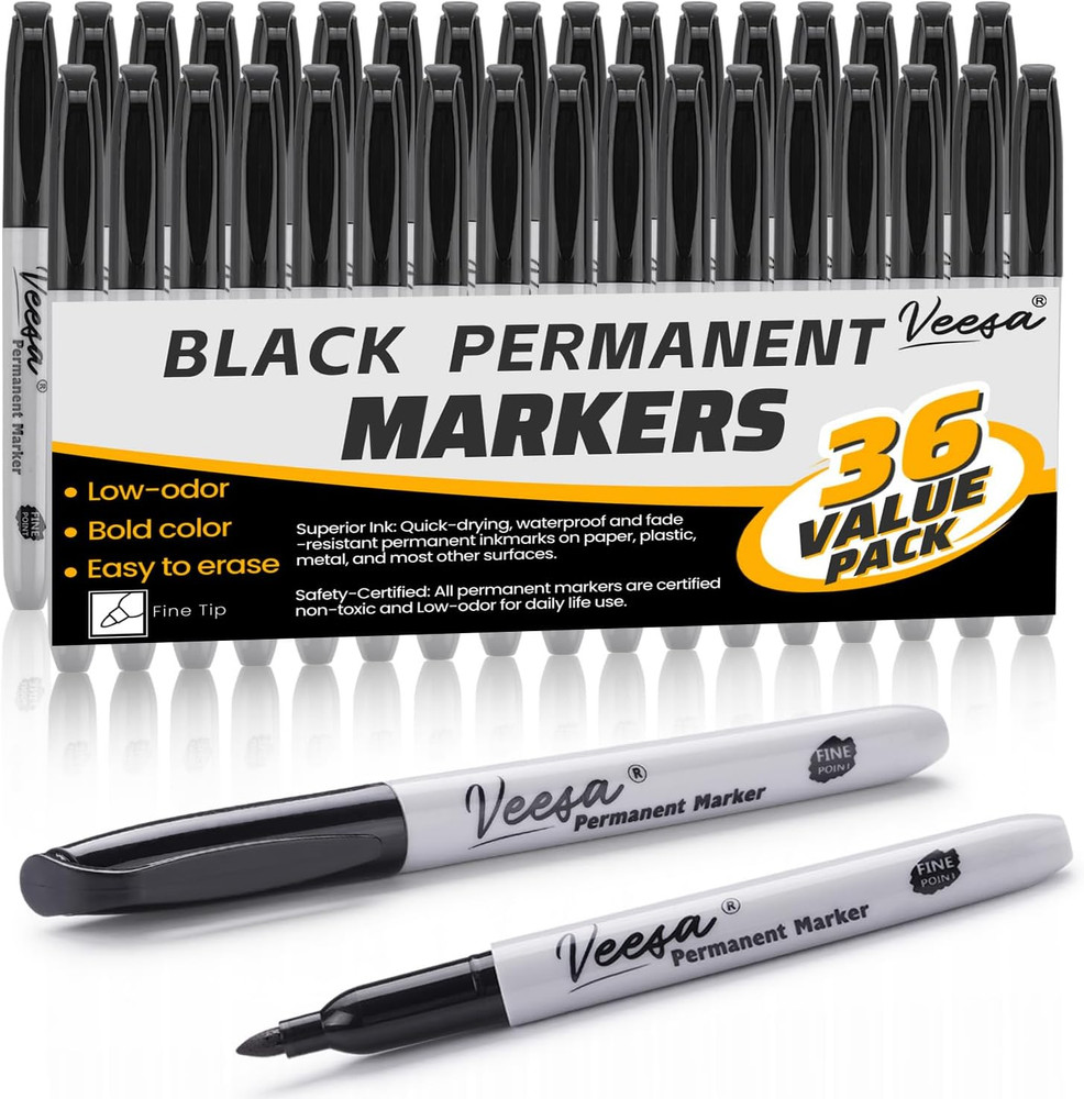 36 Pack Black Permanent Marker Quick Drying & Fade Resistant, Fine Point Markers