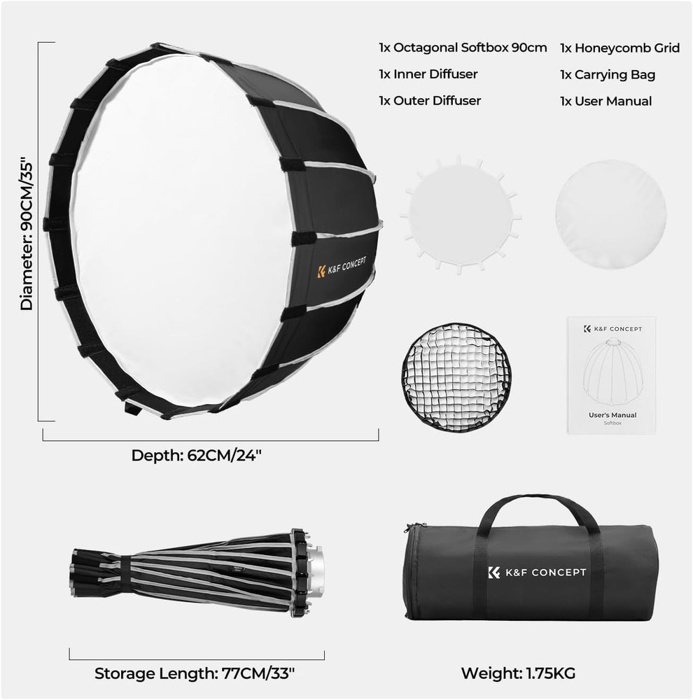 K&F Concept 35" Softbox Parabolic Hexadecagon for Bowens Mount Diffusers Studio