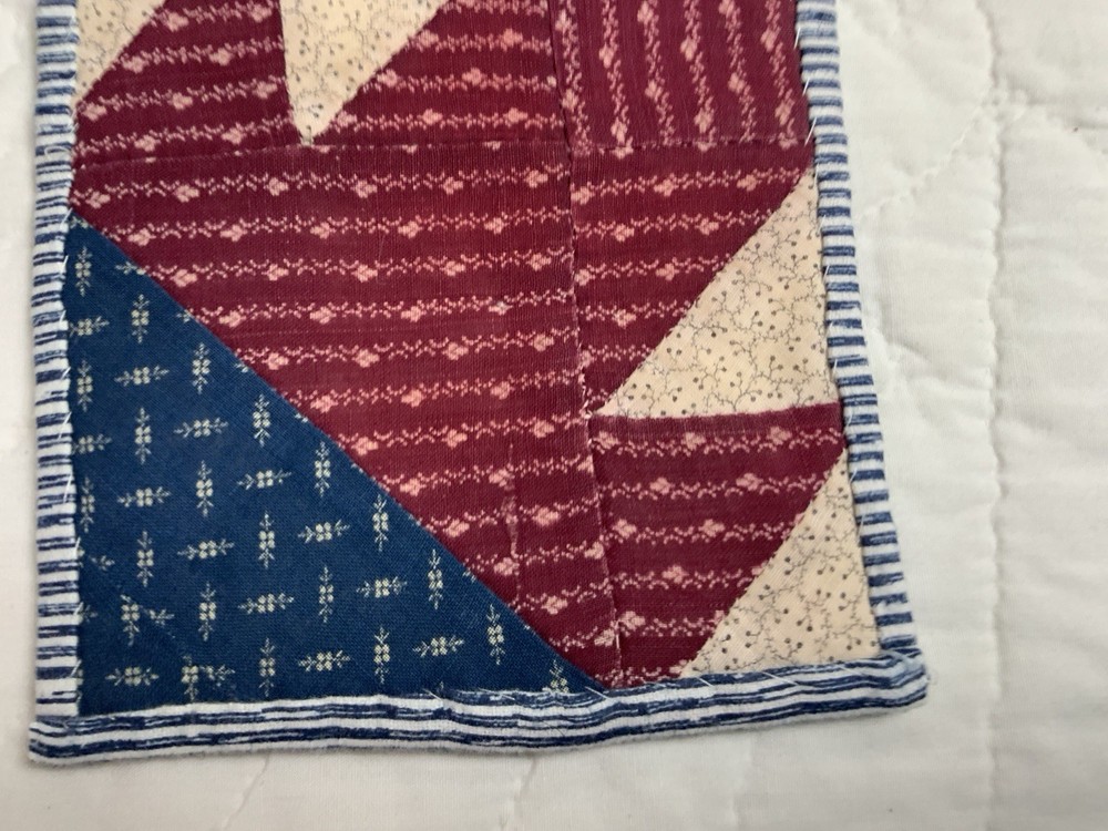 Antique Patchwork Quilt Table Topper, Early Calico Prints, Triangles, Burgundy