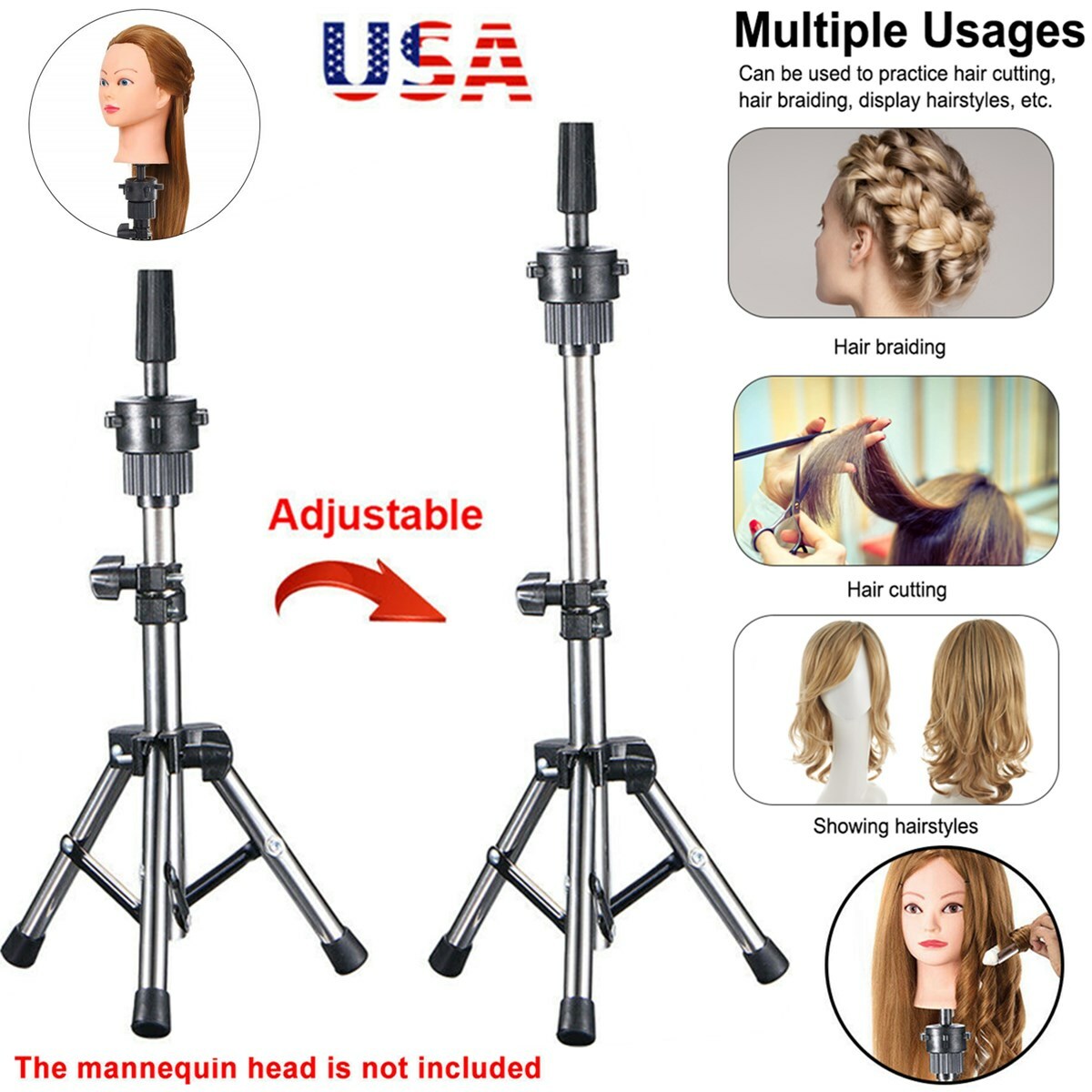 Portable Wig Mannequin Head Wig Model Bracket Holder Adjustable Tripod Stand USA