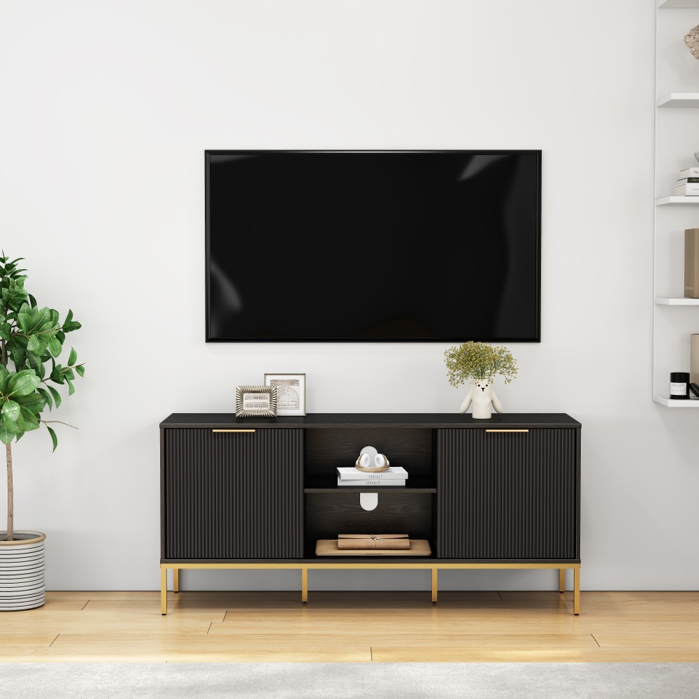 Mid Century Modern TV Stand w Wave Doors Gold Legs Soft Close