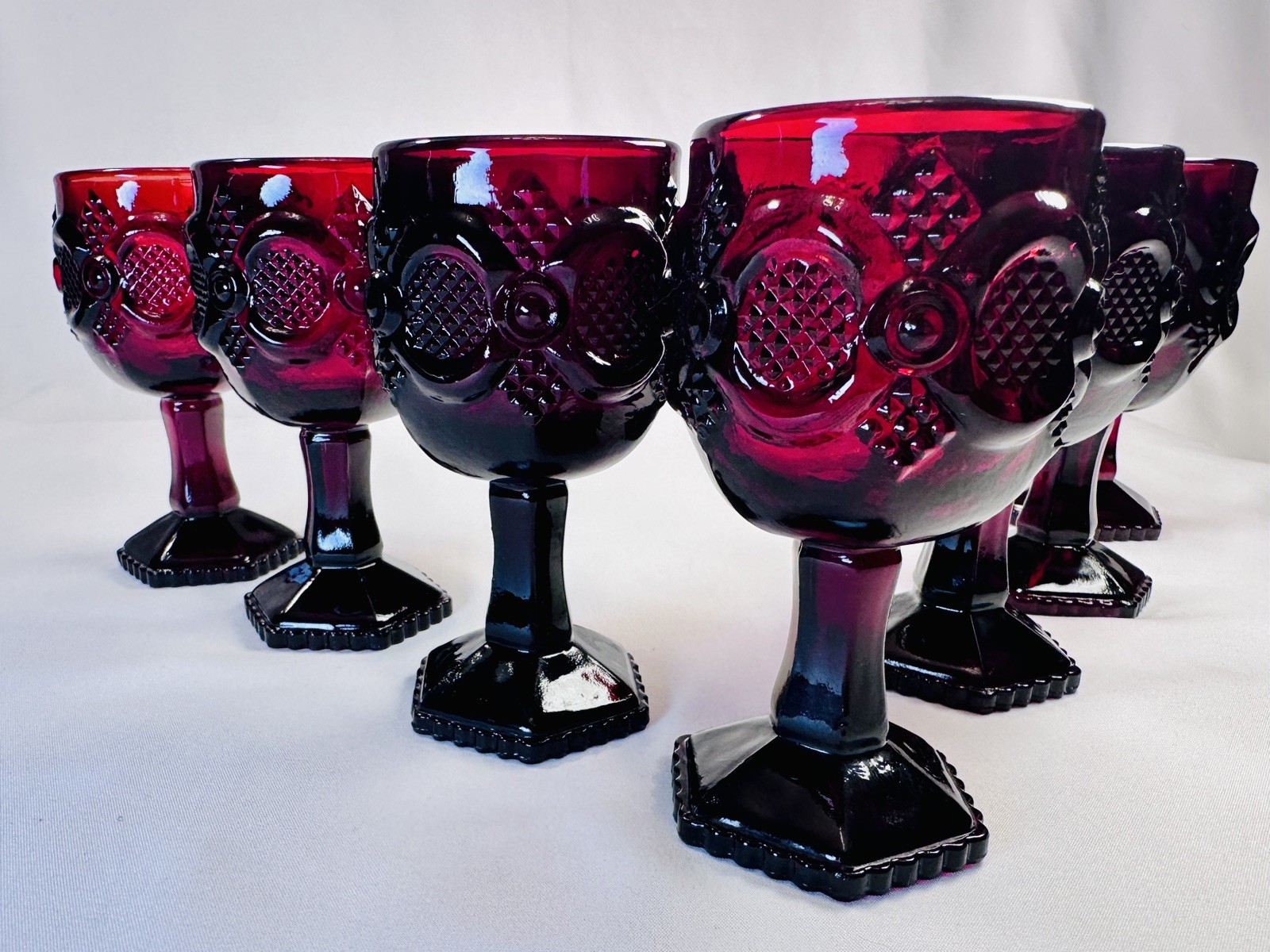 Set of 7 Avon Cape Cod Ruby Red Glass Goblets 4.5" Vintage Pressed Glass