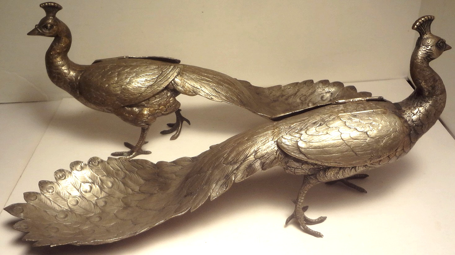 PR. ANTIQUE GERMAN SILVER  full figure PEACOCK BON-BON serving TRAYS- HALLMARKED