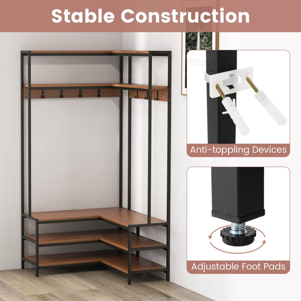 Corner Garment Rack W/ Open Shelves & 7 Hooks Shoe Bench Solid Metal Frame