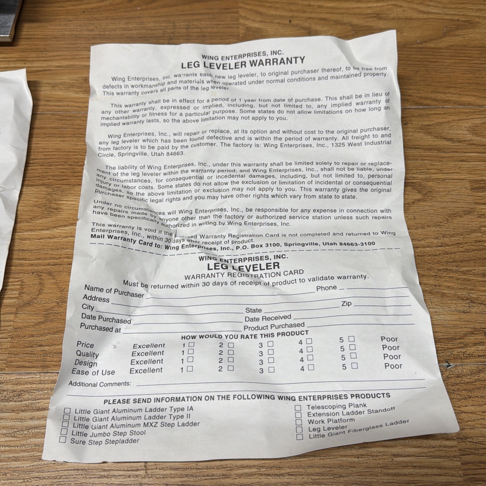 Little Giant Leg Leveler Systems Model # 10106 Wing Enterprises