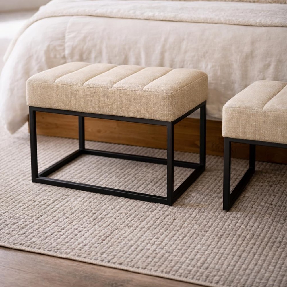 Theodore Channel Tufted Small Ottoman -Light Tan Textured Solid