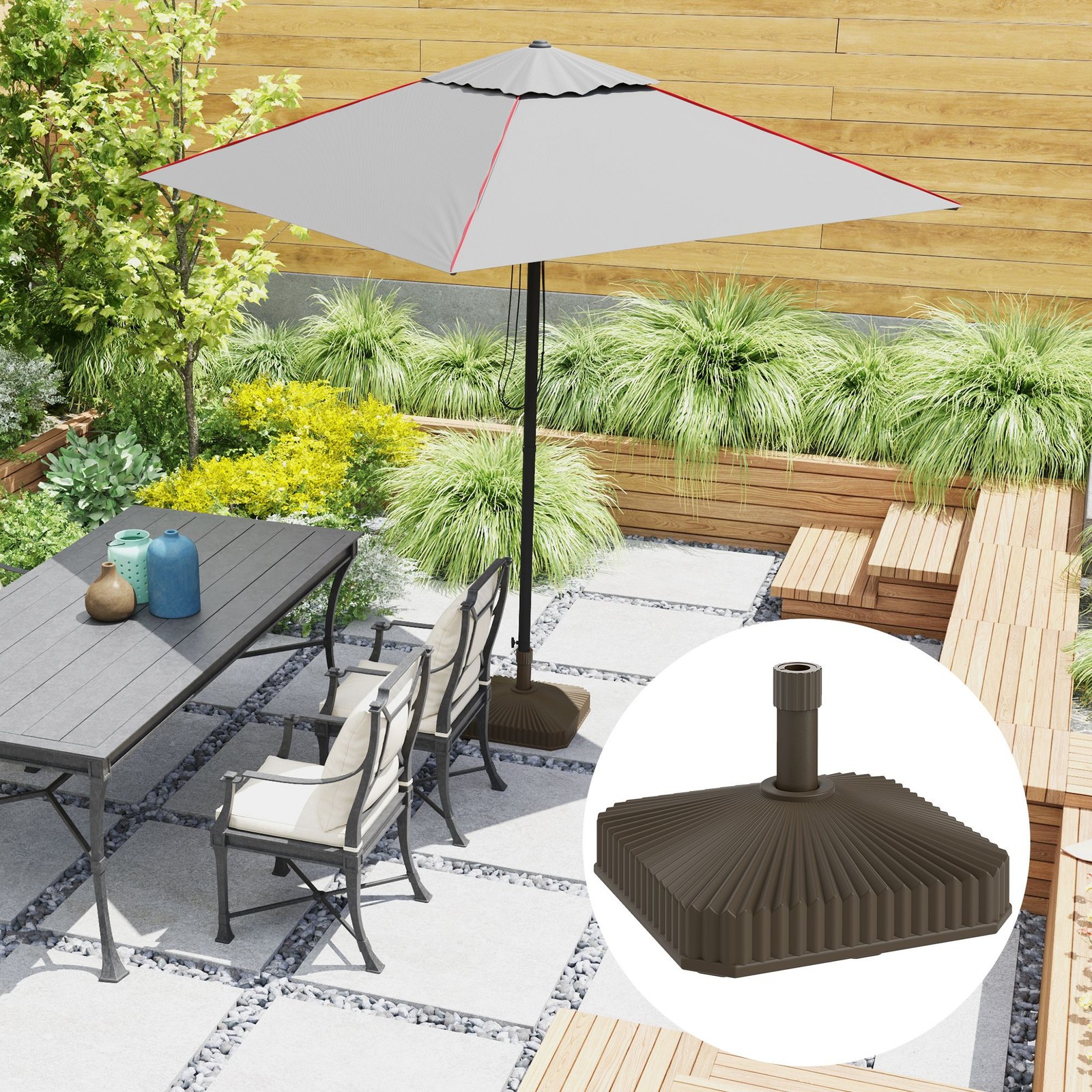 Square Patio Umbrella Base Heavy Duty Outdoor Stand Fillable Brown 42lbs Sand