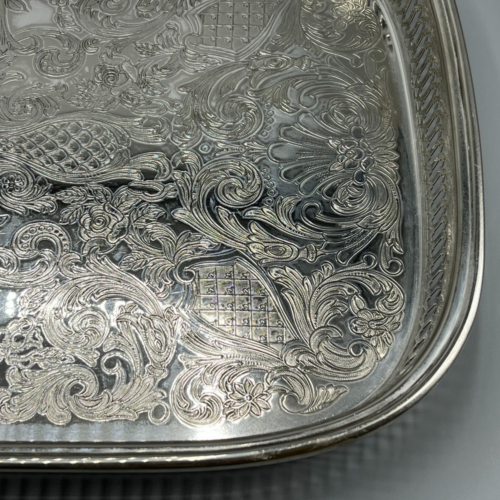 Large Vintage Silver Plated Rectangular Gallery Tray Footed Long Cocktail Drinks