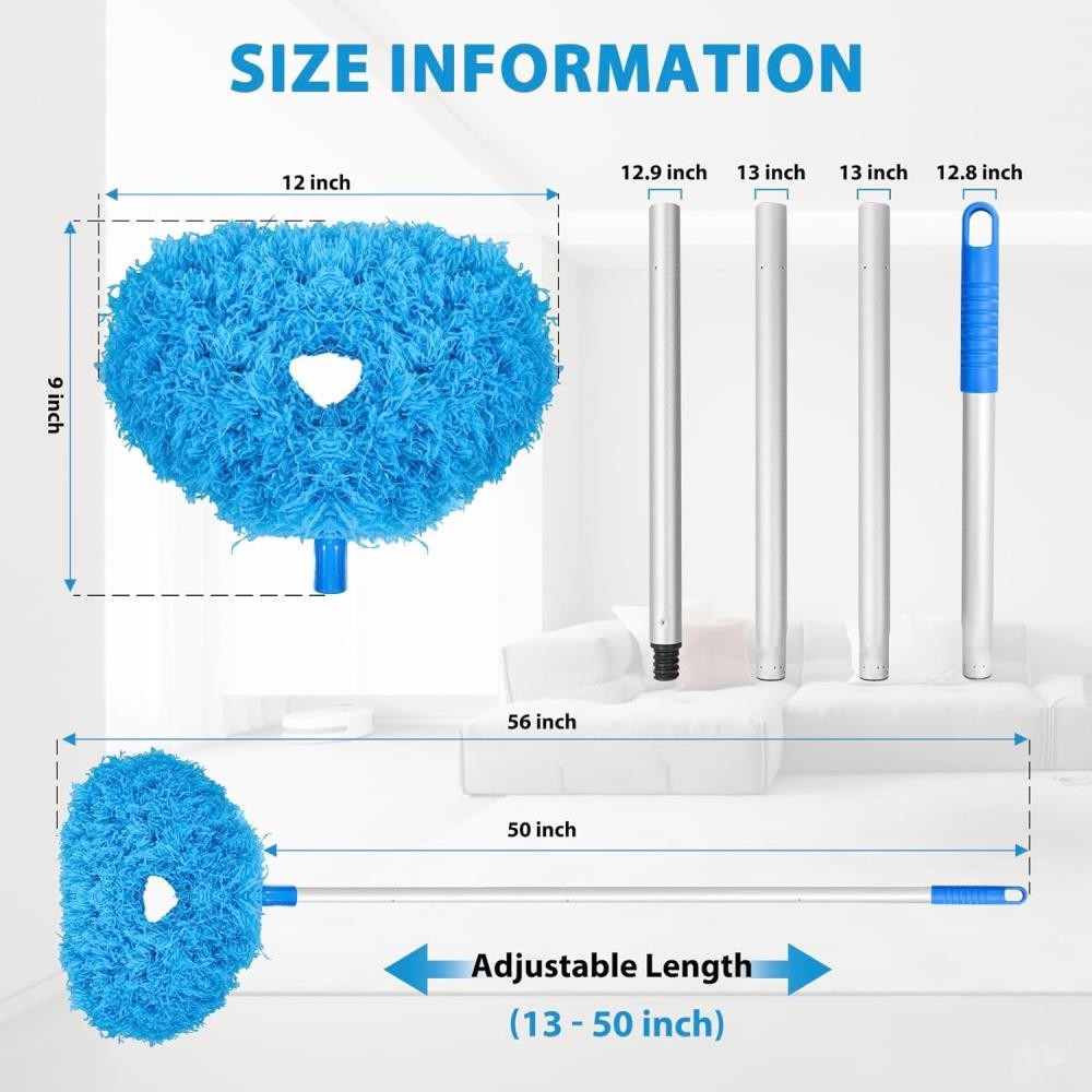 Round Head Microfiber Duster for High Reach Ceiling Fan Cleaning Blue Polyester