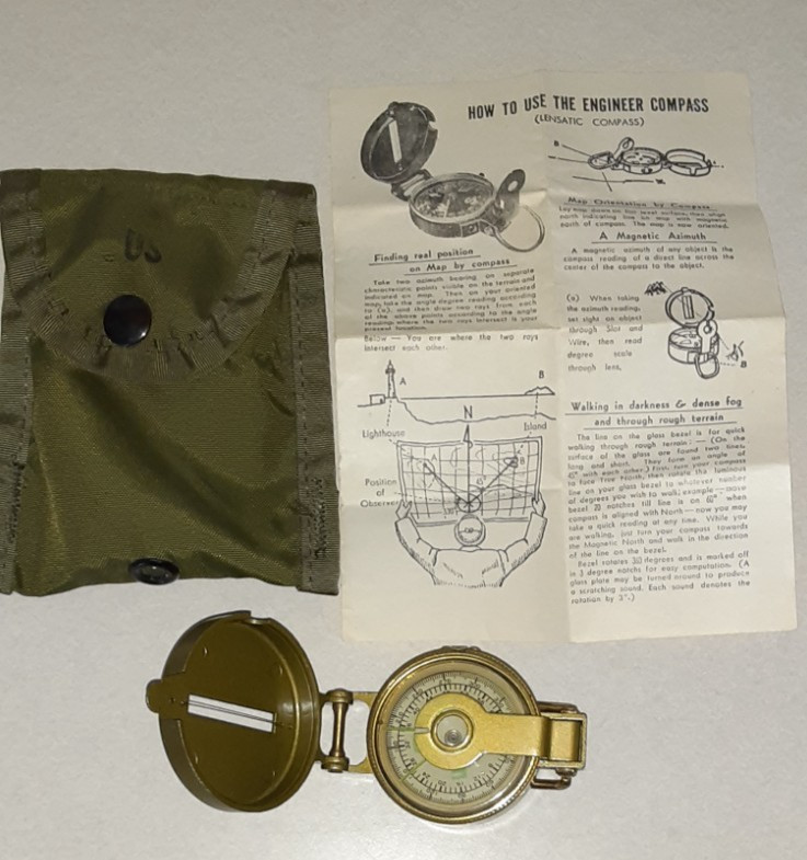 Vintage Military 1950 US Field Pack Engineer Directional Compass, Case, & Clip