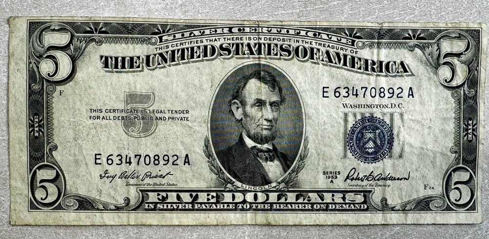 1953 $5 Silver Certificate Blue Seal Error Off Center/Misaligned Note