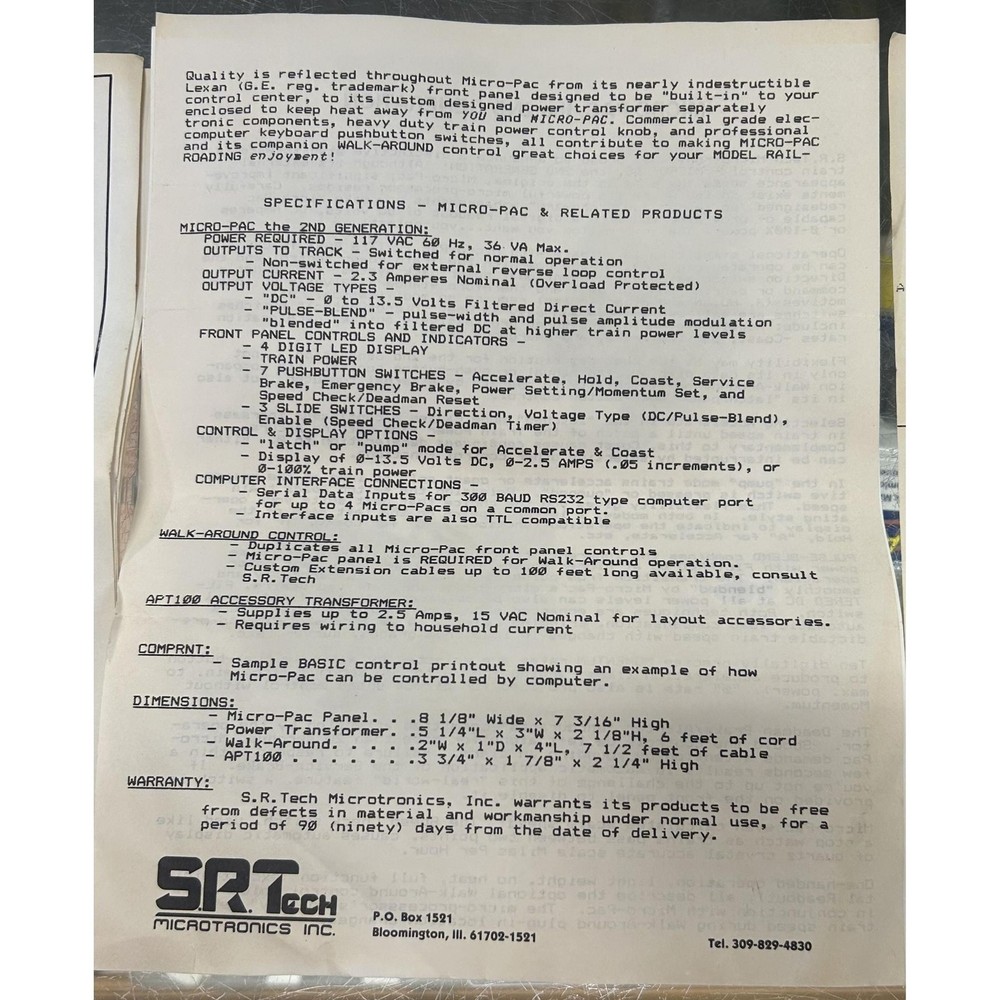 SRT Tech Micro Electronics Analog Model Railroad Control System (1987)