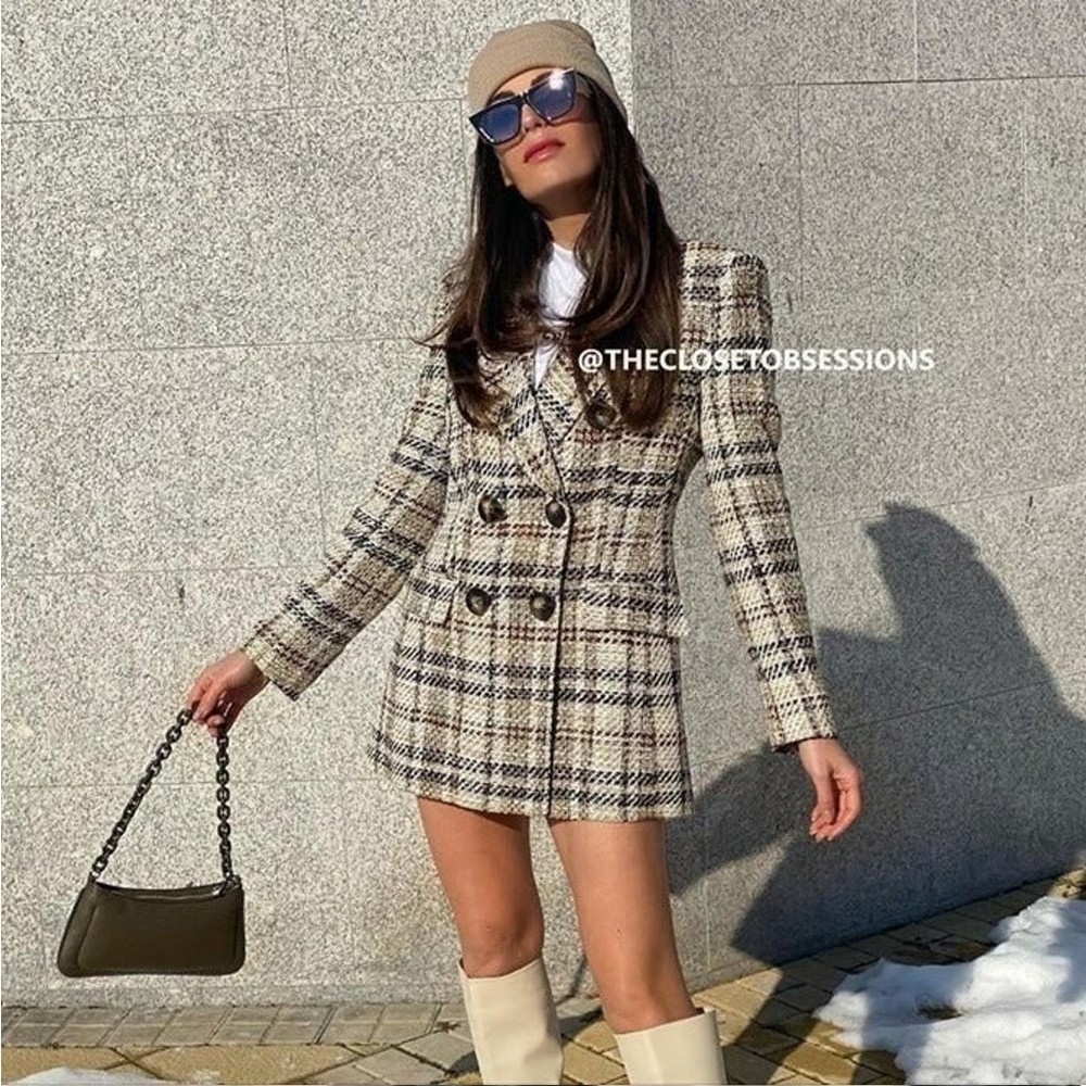 ZARA Wool-Blend Double Breasted Plaid Blazer NWT