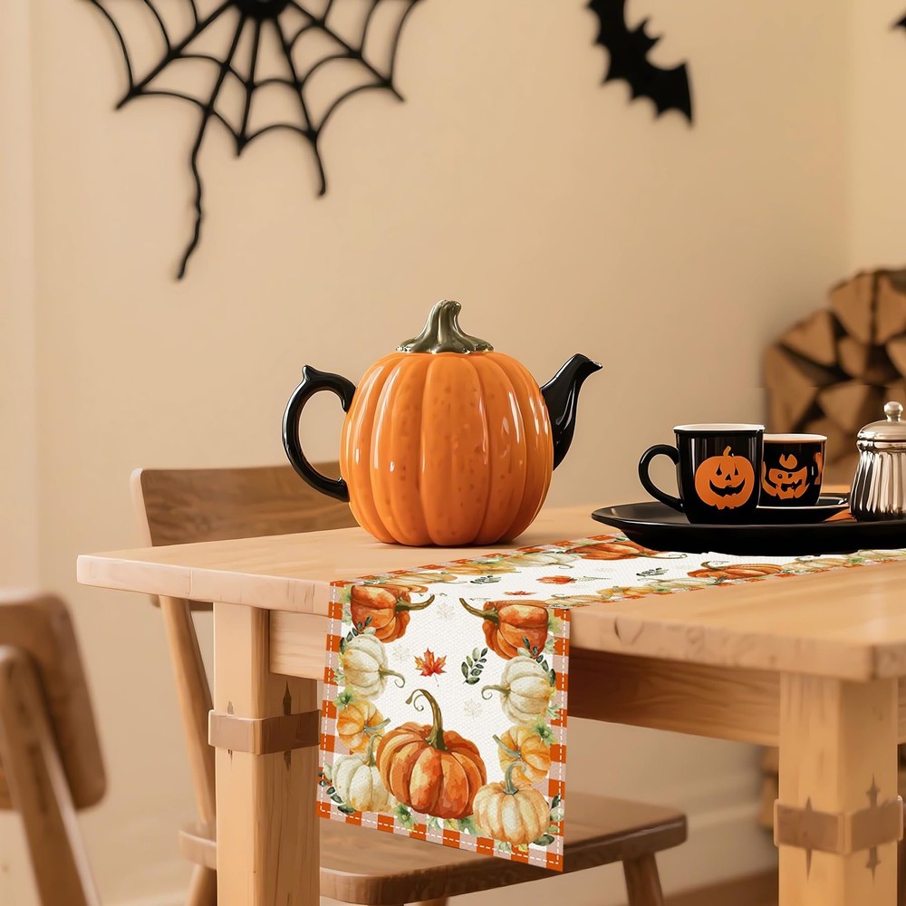 Pumpkin Fall Table Runner, Autumn Thanksgiving Pumpkin Kitchen Dining Table D...