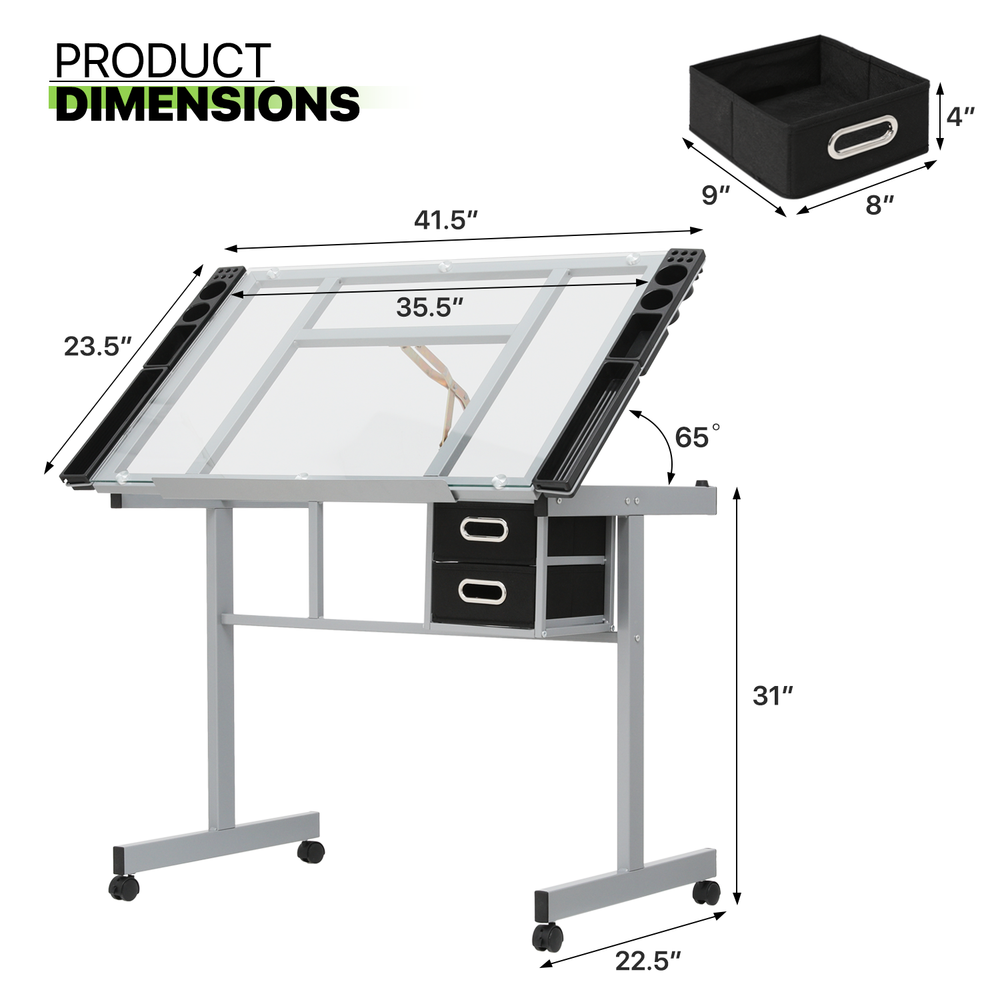 41" Adjustable Rolling Drafting Table Tempered Glass Tabletop Craft Work Station