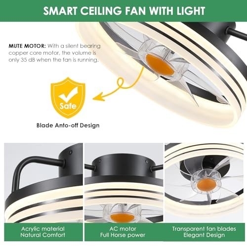 Flush Mount Bladeless Ceiling Fan with LED Light & Remote - 13” Modern Low Profi