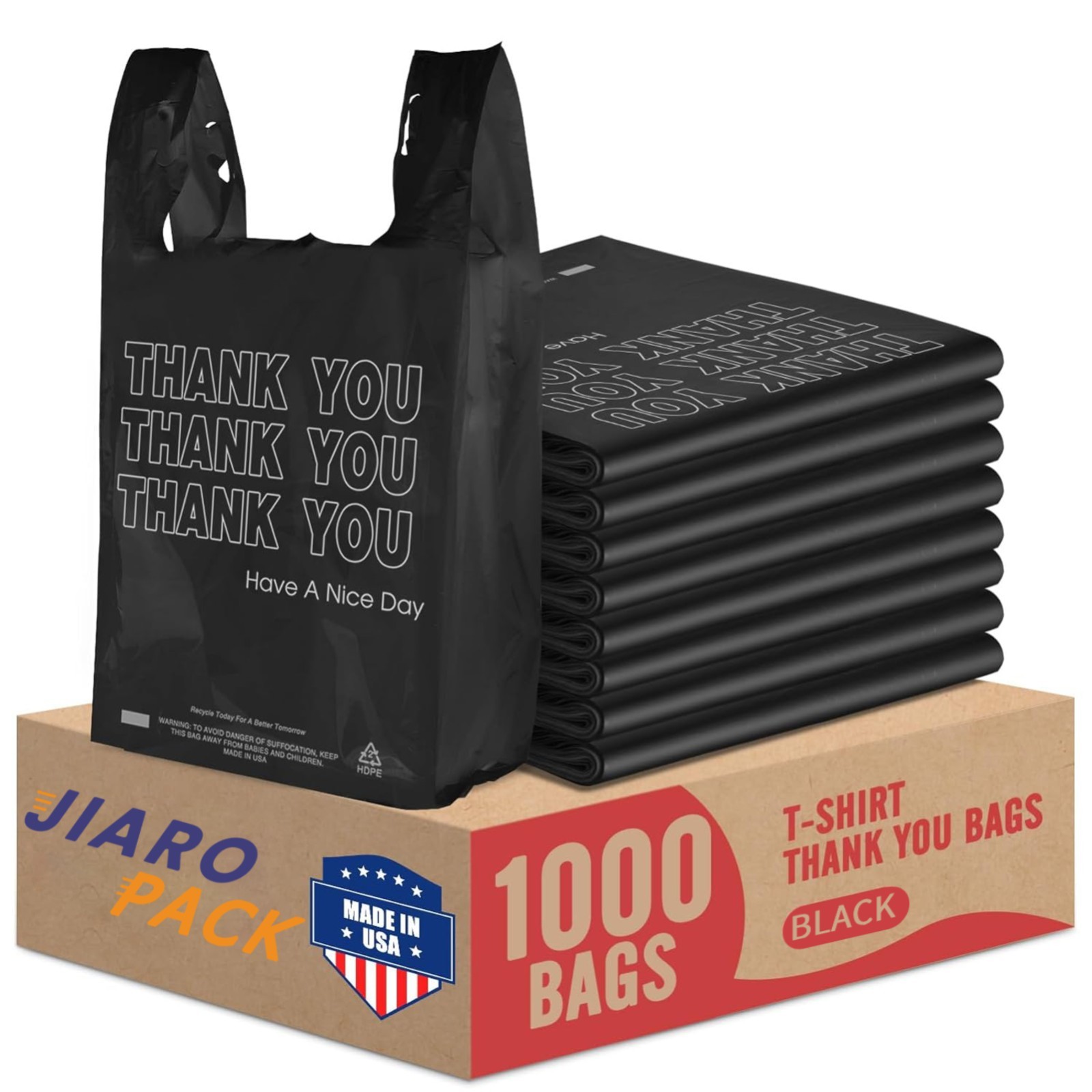 1000 Black Thank You T-Shirt Bags 12" x 6.5" x 21" Plastic Grocery Shopping Bags