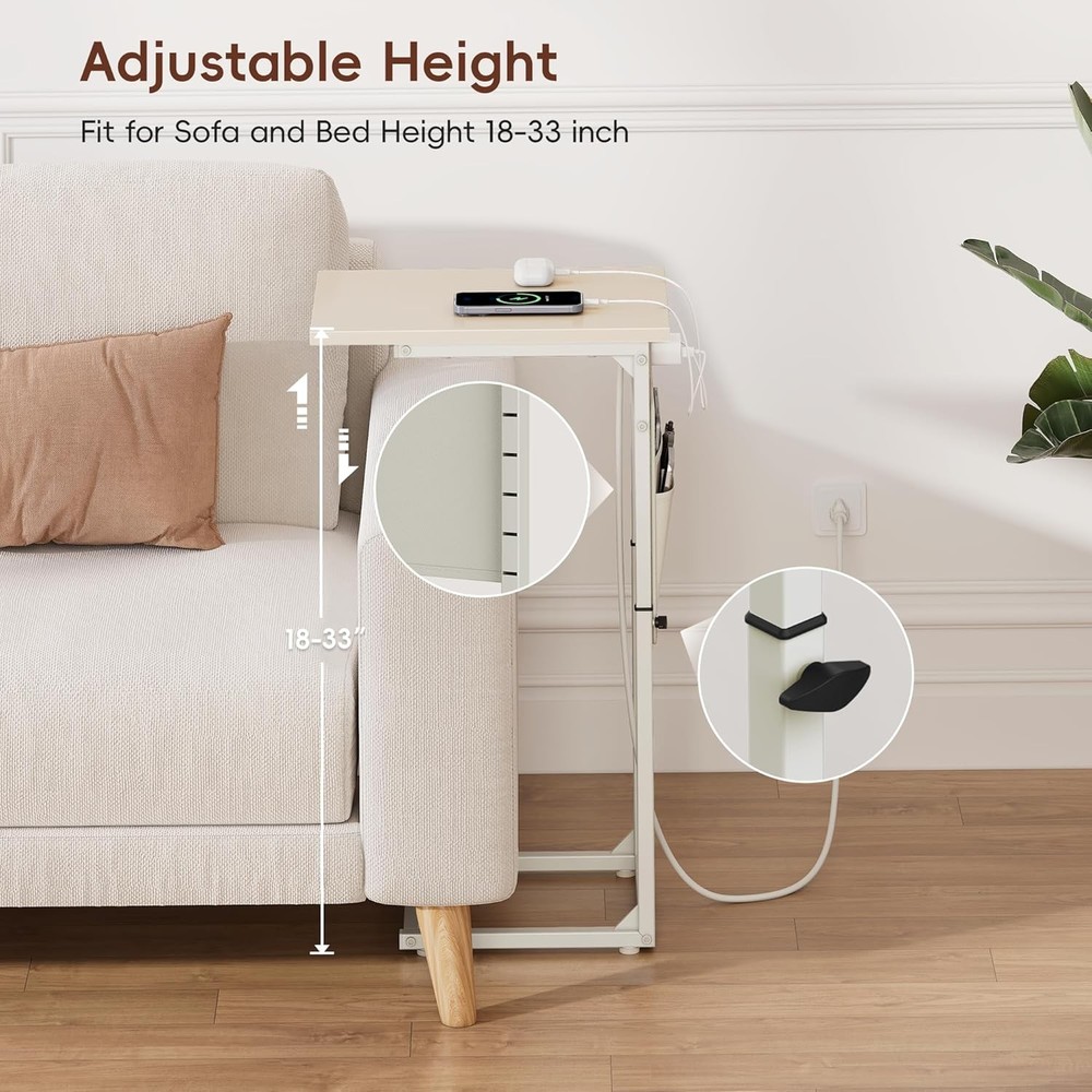 C Shaped End Table W/ Charging Station Adjustable Height Side Table Couch Small