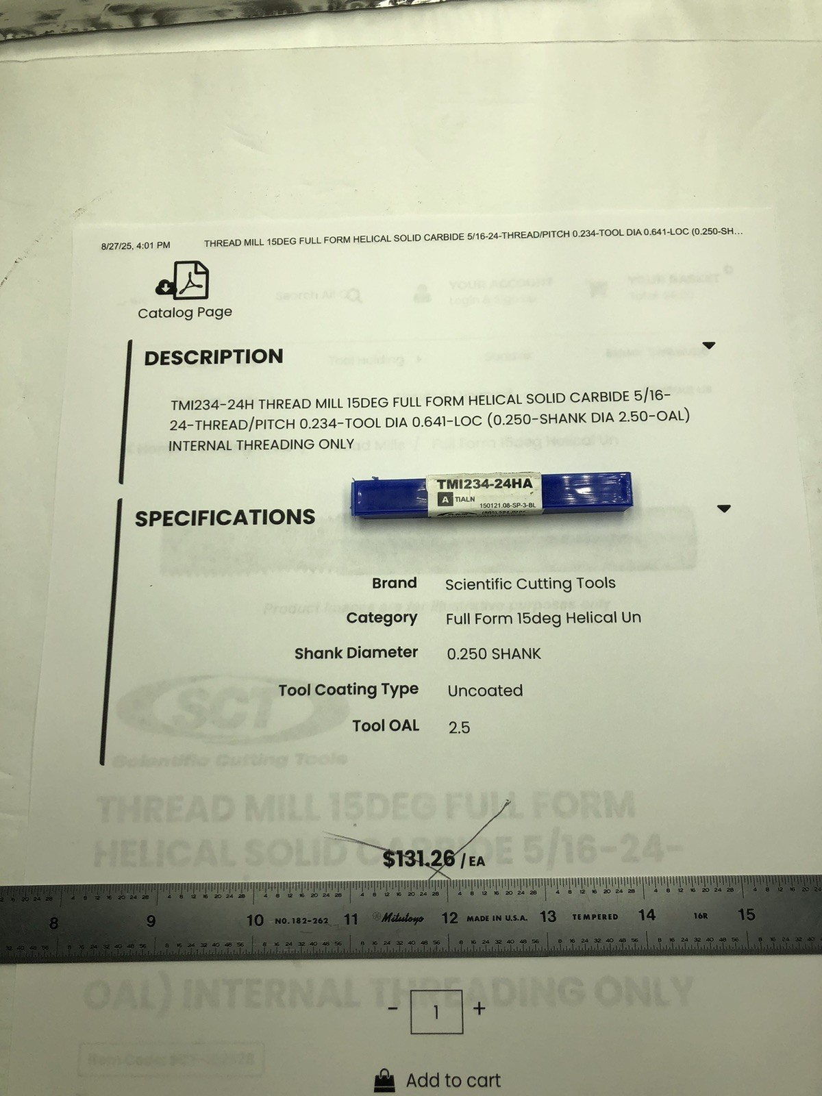 NEW SCT TMI234-24HA Helical Solid Carbide Thread Mill 5/16-24 15DEG See Photos.