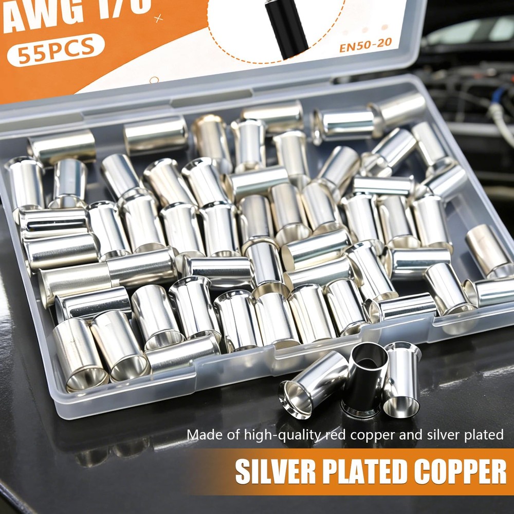 55PCS AWG 1/0 Wire Ferrules Terminals Kits Silver Plated Copper Ferrules Wire...