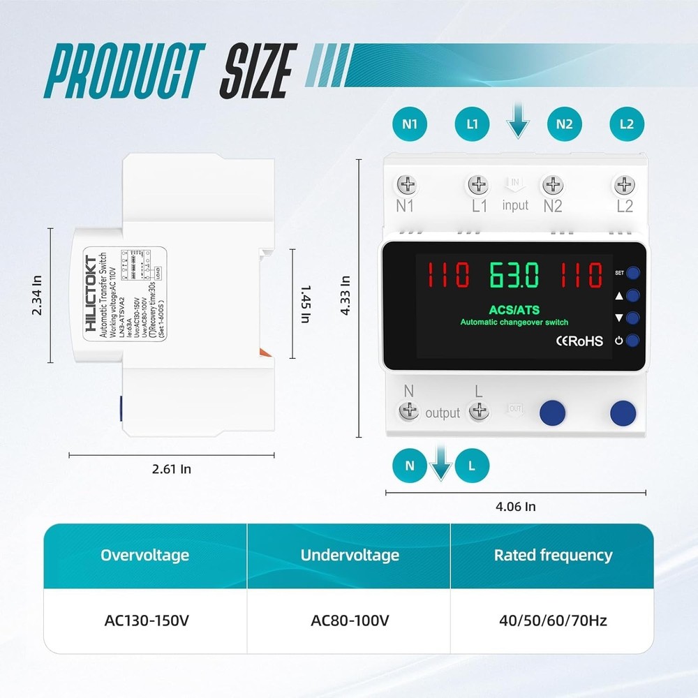Automatic Transfer Switch 63A 110V, Manual Changeover Switch DIN Rail Mount, 63A