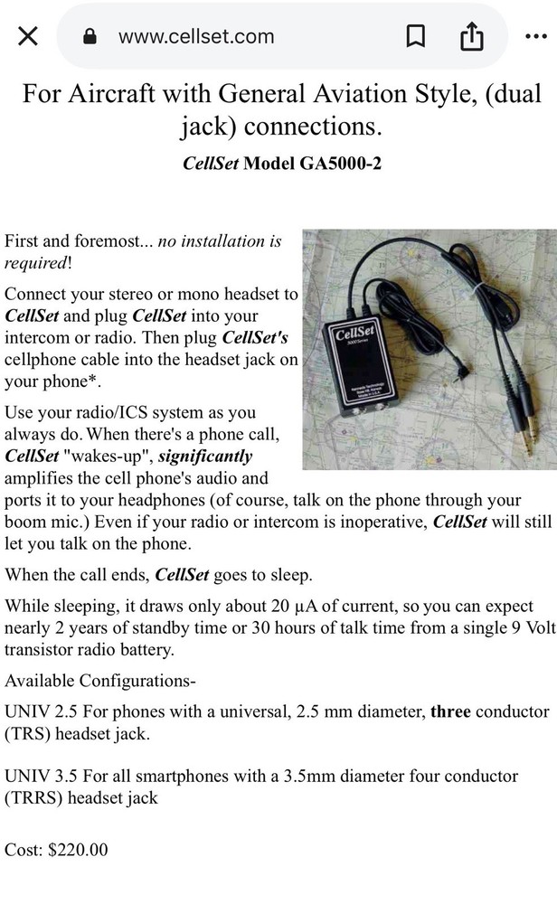 CellSet For Aviation Style Headsets