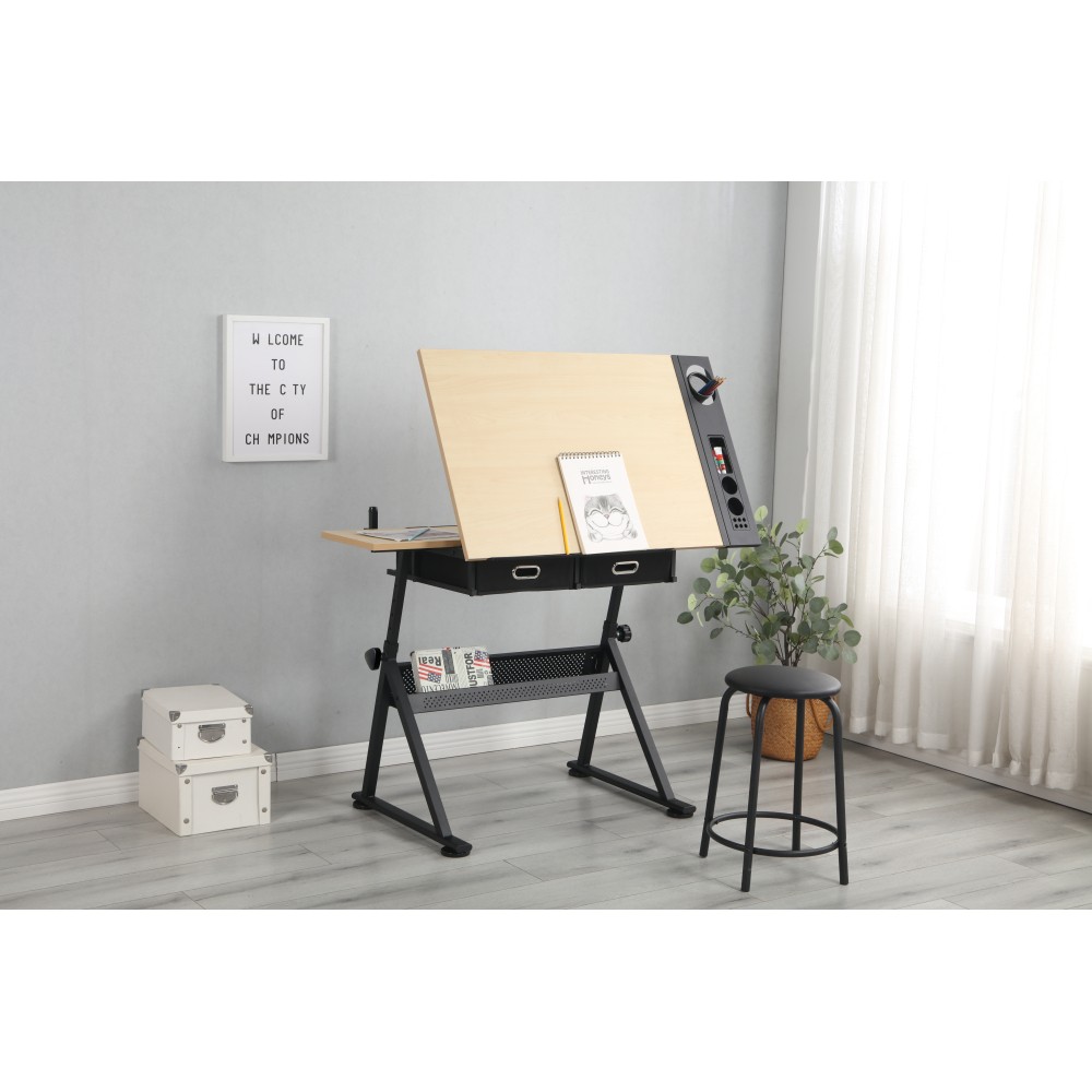 Art Drawing Desk Set - Adjustable Table & Stool - 2 Drawers，Tilting Top