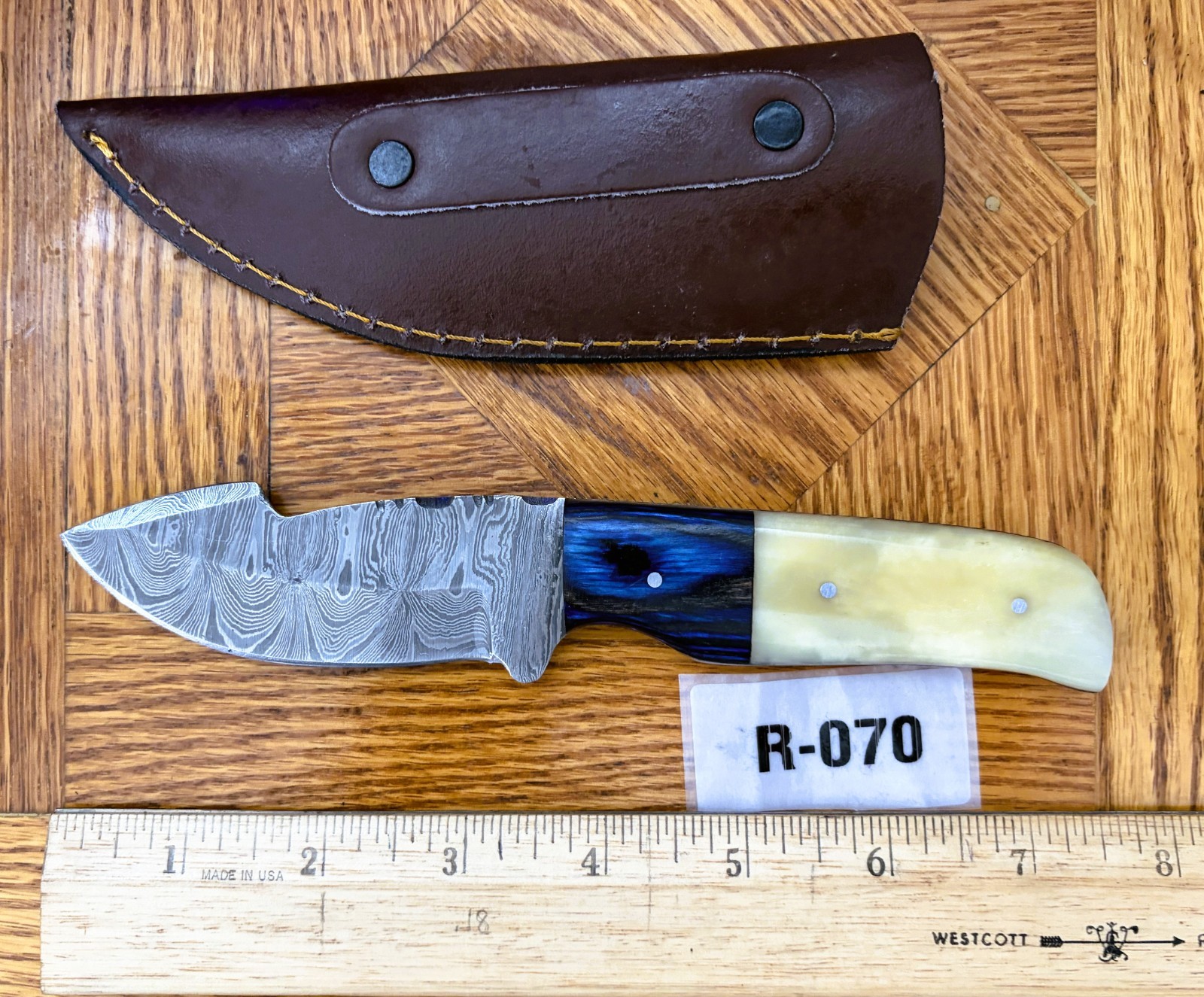 DAMASCUS STEEL SKINNING KNIFE-HARDWOOD and BONE HANDLE    #R-070