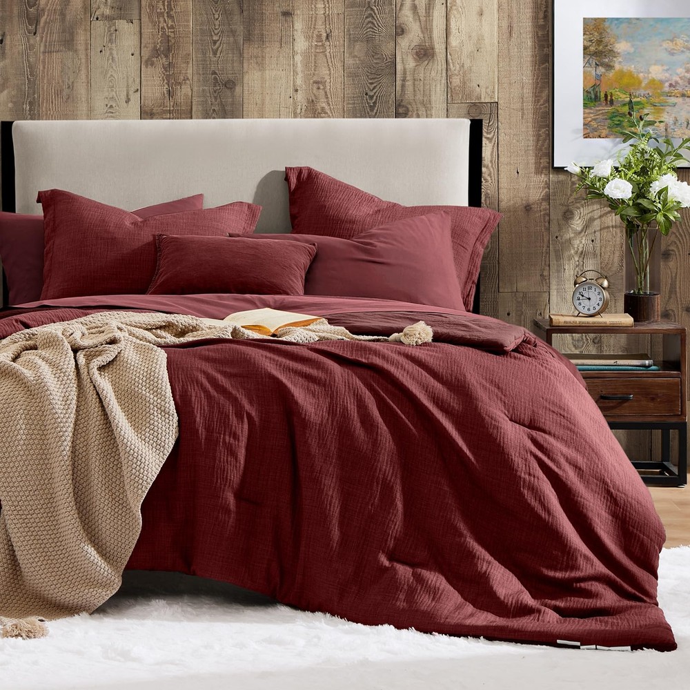 King Comforter Set - 7 Pieces Soft Solid Bedding, Dark Red Bed in a Bag