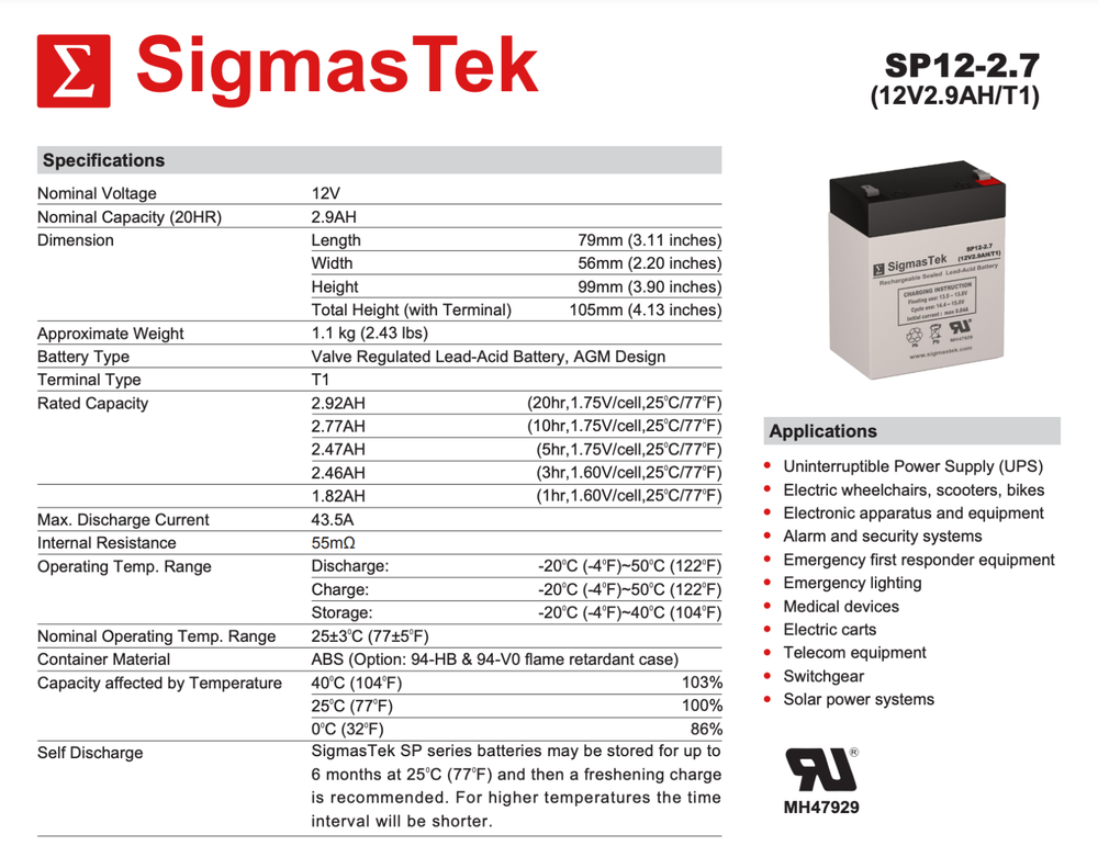 SigmasTek SP12-2.7 (T1) SLA AGM Battery