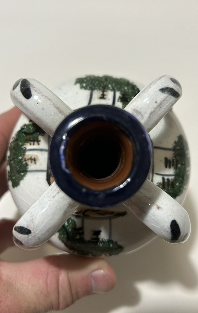 Ceramic Vase, Hand Painted- UNIQUE FOUR HANDLE DESIGN- Signed