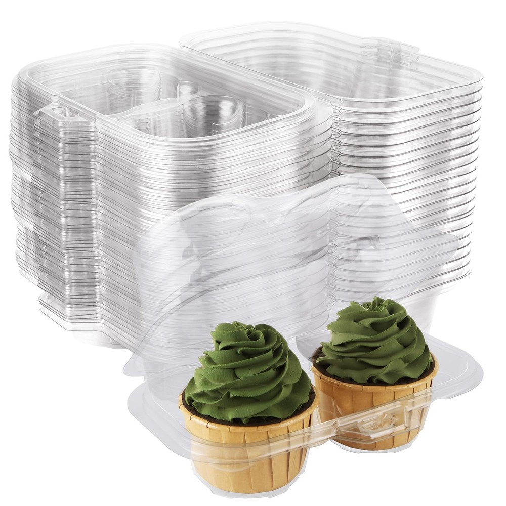 100PCS Cupcake Containers 2 Count Clear Cupcake Boxes Disposable Cupcake Hold...