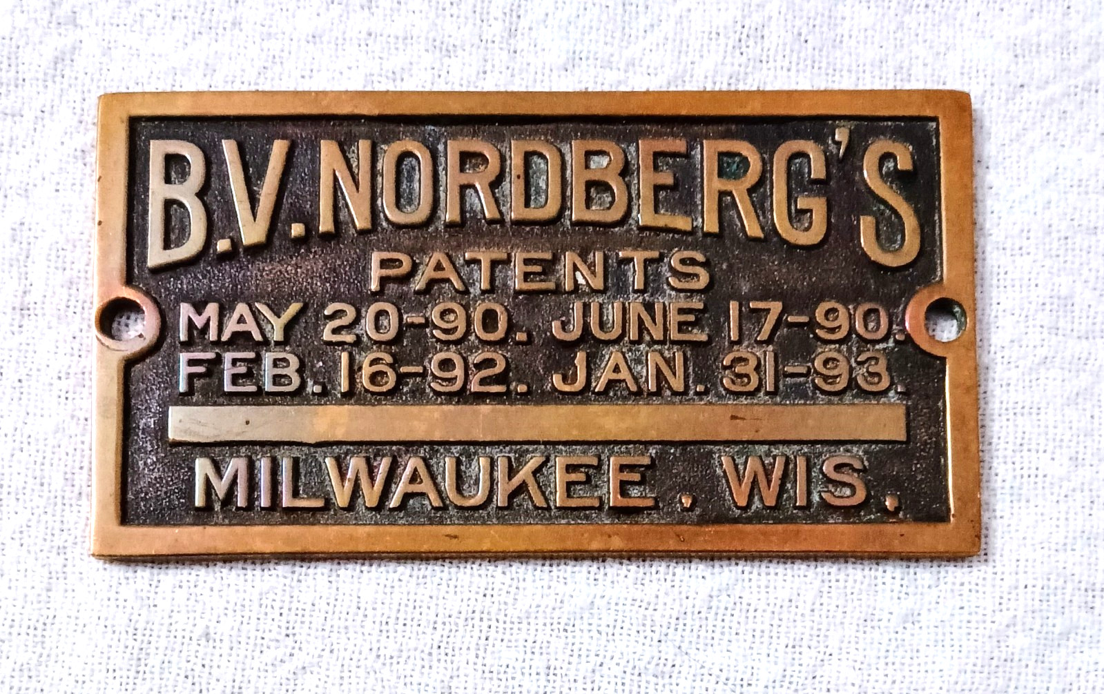 BRUNO NORDBERG'S BRASS STEAM ENGINE TRACTOR MACHINERY BRASS SIGN PLATE BADGE