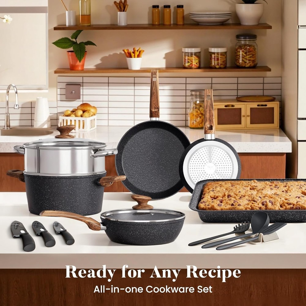 Kitchen Induction Cookware & Bakeware Set - 30 Piece Black Granite Cooking Pa...