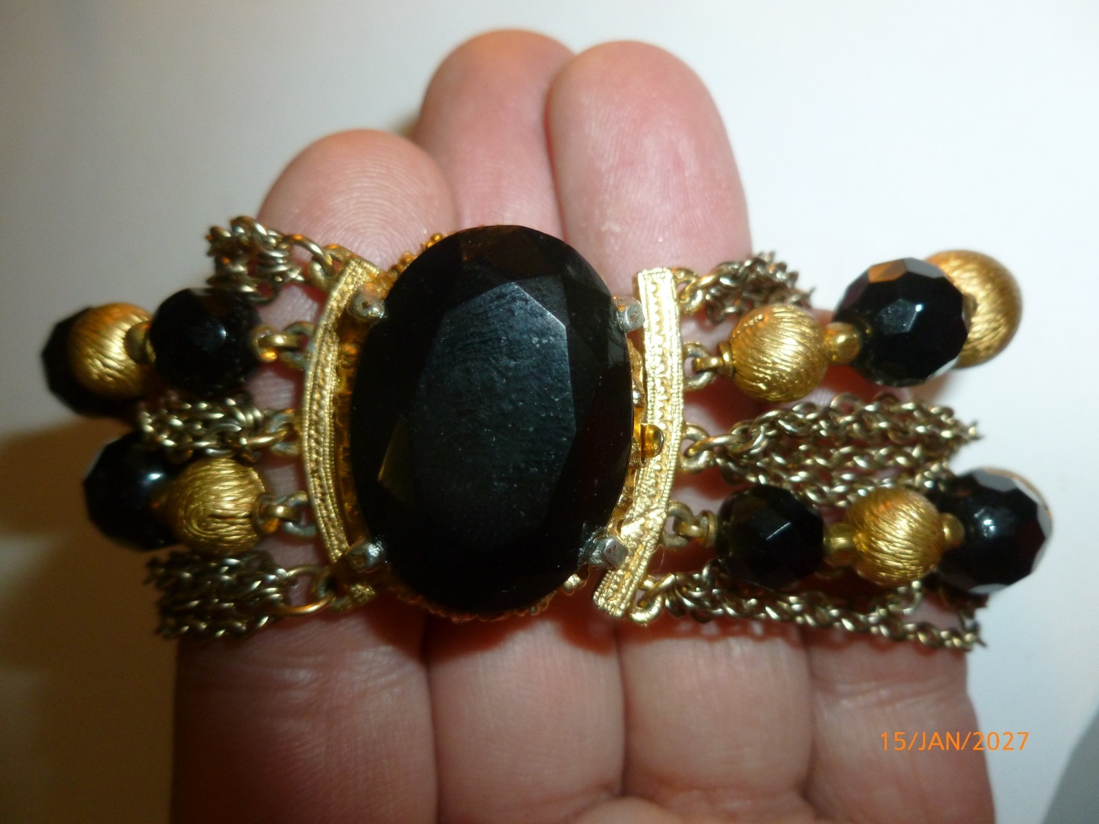 Vintage Black Faceted Rhinestone Gold Tone Bon Bons Chains Bracelet 7" Quality
