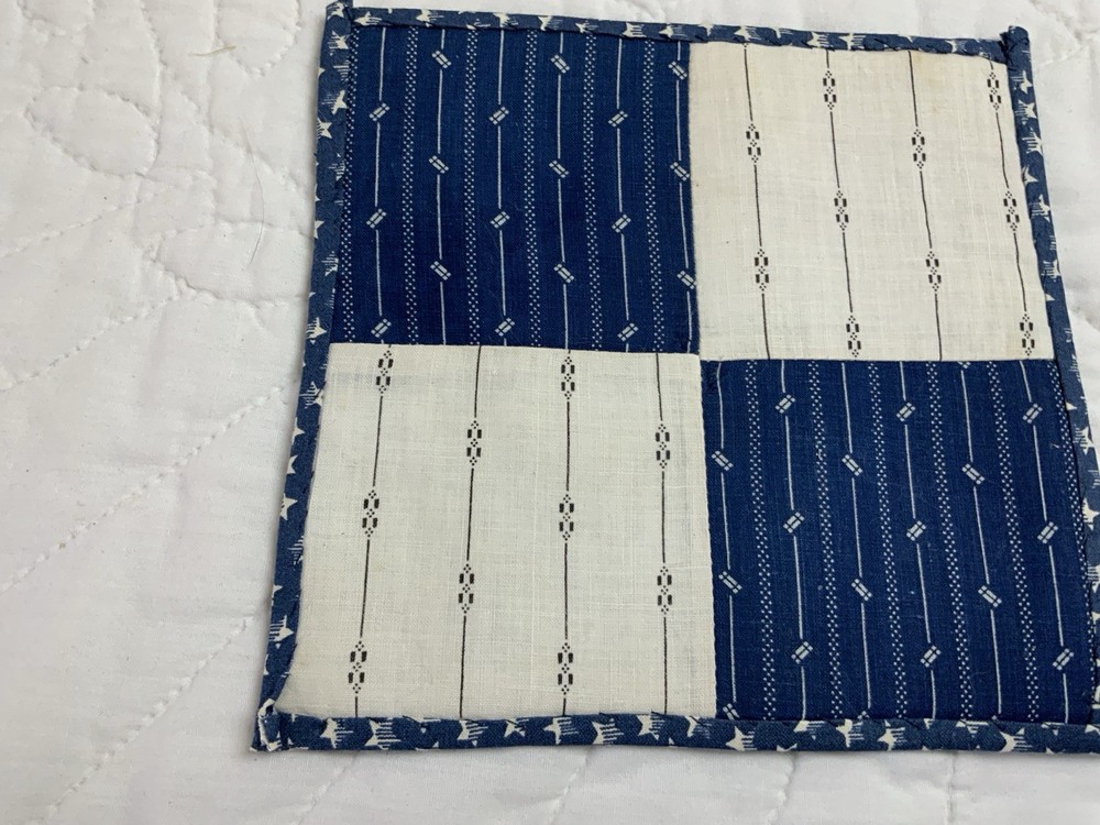 Antique Patchwork Quilt Table Topper, Square, Four Patch, Early Calicos, Blue