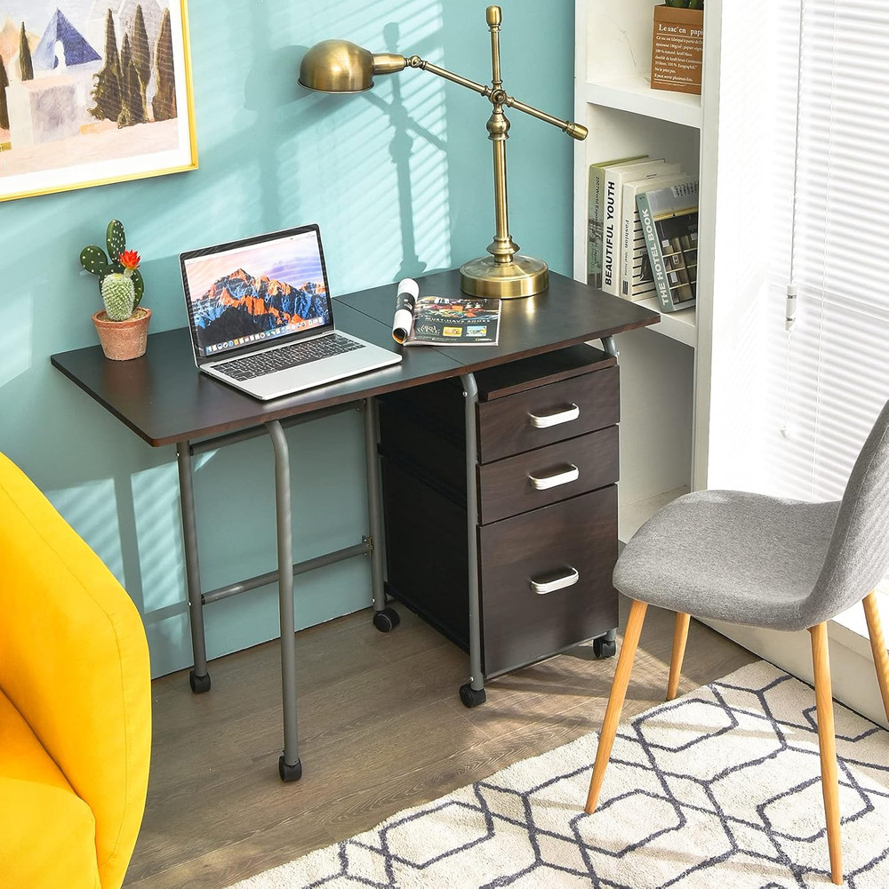 Folding Computer Desk with 3 Storage Drawers, Mobile Home Office Desk Study Writ