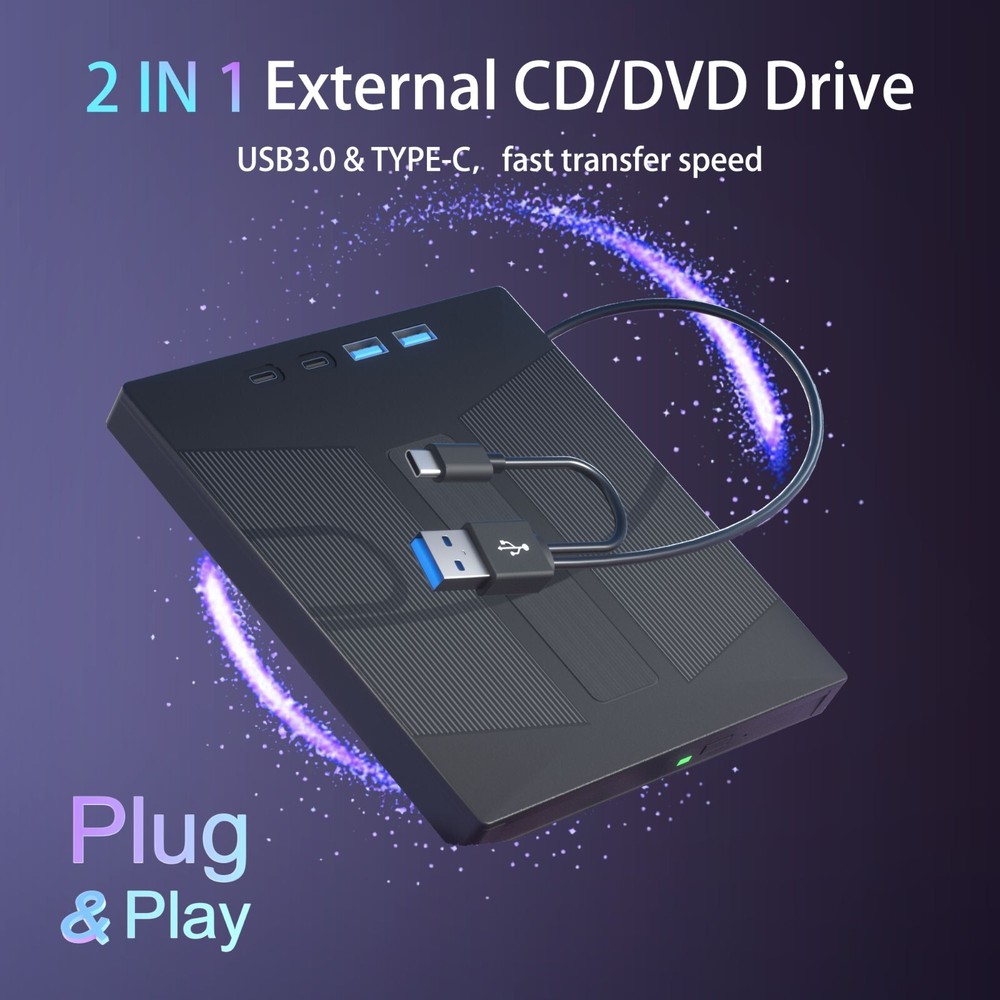 External CD/DVD Drive for Laptop PC USB3.0 CD DVD Disk Burner Player Reader