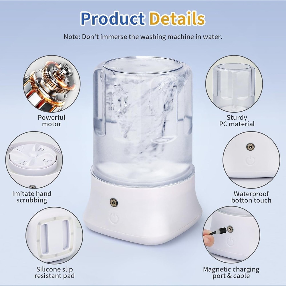 Mini Portable Washing Machine - USB Rechargeable 1L Small Washer with 2 Modes...